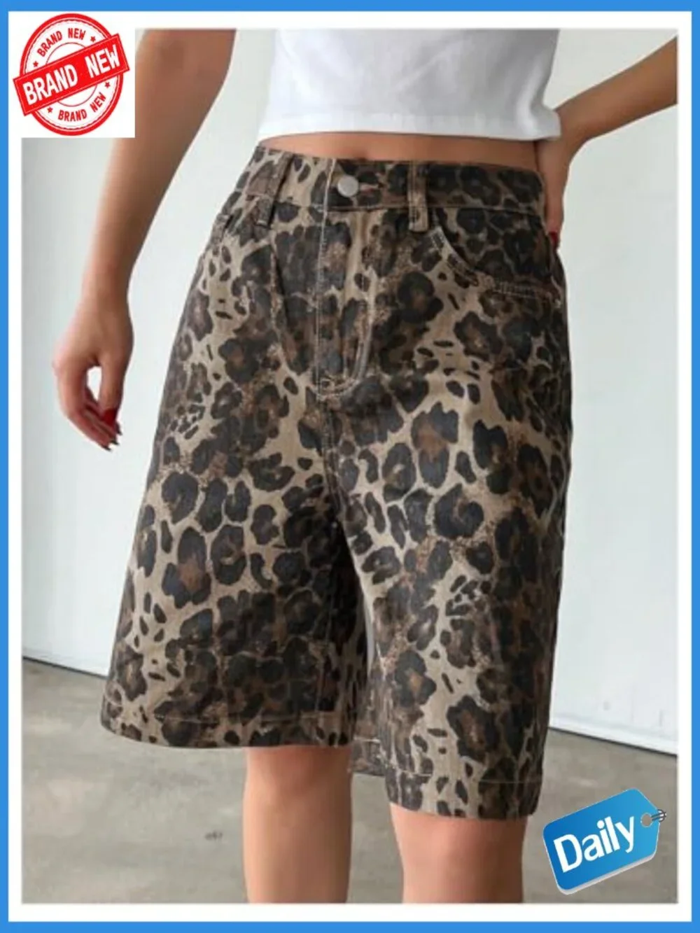 High Waisted Leopard Print Denim Bermuda Shorts Wide Leg Baggy Cargo